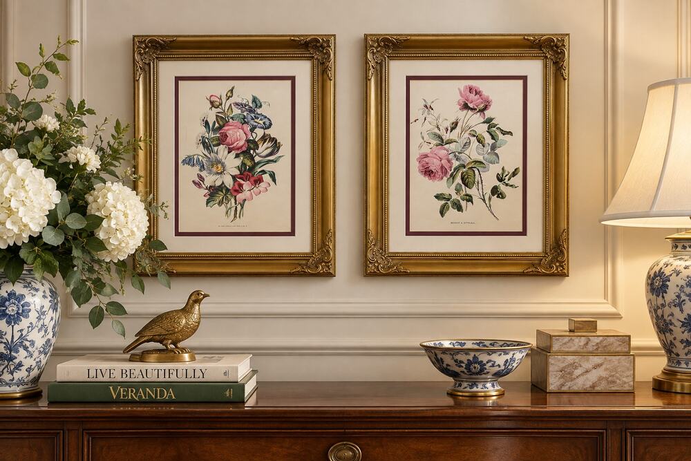 Vintage P Jerrard Botanical Floral Prints Pair Gilded Wood Frames 10.5 x 13
